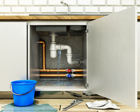 A pvc elbow under the sink leaks and drops the water on the floor and kitchen furniture, walter flow concept, 3d illustration