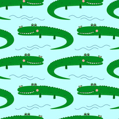 Seamless pattern with cute cartoon crocodiles in geometric arrangement