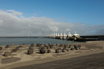 view of the Oosterscheldekering from Neeltje Jans in the province of Zeeland, the Netherlands. This...