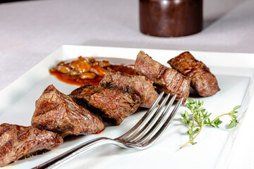 Beef kebab with tomato sauce with vegetables is on a plate