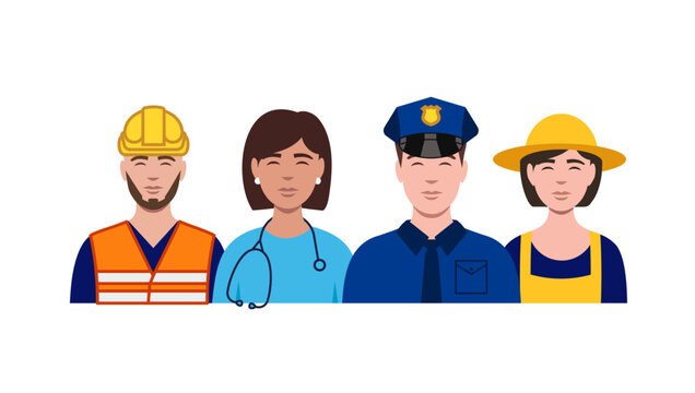 Labor day characters. Portraits of different occupations. Policeman, doctor, nurse, doctor, builder, farmer. Isolated labour day vector illustrations