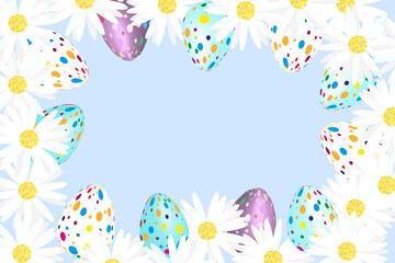 Frame of daisies and easter eggs on blue background with copy space special promotions and sales