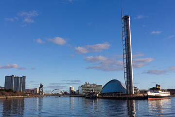 Fototapeta na wymiar The Science Centre on the river Clyde on a sunny spring morning in Glasgow Scotland. 