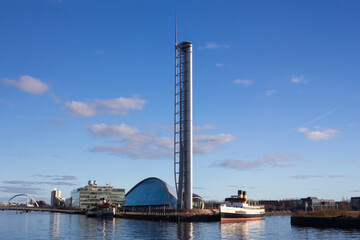 The Science Centre on the river Clyde on a sunny spring morning in Glasgow Scotland.