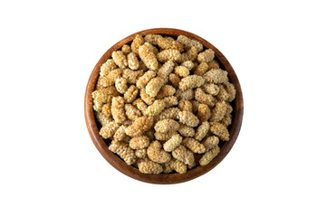 Bowl full of dried mulberry on a white background