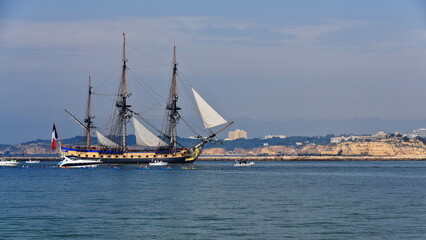 Fototapeta na wymiar XVIII century French frigate replica-harbor's west mole-welcoming flotilla. Portimao-Portugal-162