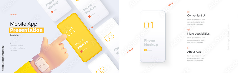 Wall mural modern presentation of a mobile application. mobile phone mockup on a yellow background with a descr