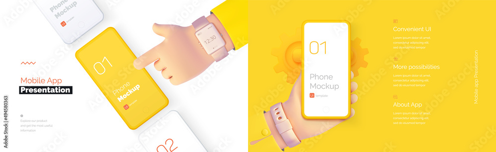 Wall mural modern presentation of a mobile application. mobile phone mockup on a yellow background with a descr