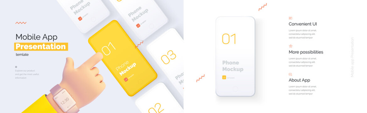 Modern presentation of a mobile application. Mobile phone mockup on a yellow background with a description of the mobile application. Modern illustration 3D style.	