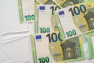 pile of european currency 100 hundred banknotes, new