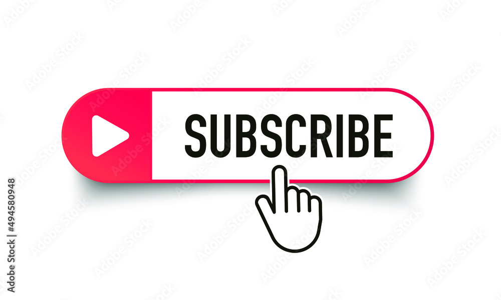 Poster hand cursor clicking on red subscribe button. subscribe button. hand pointer icon. subscription serv