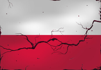 A crack in the wall on the background of the flag of Poland. Crisis, border war and humanitarian catastrophe. Political negotiations, sanctions and economic problems