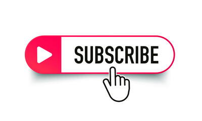 Hand cursor clicking on red subscribe button. Subscribe button. Hand pointer icon. Subscription service. Social media concept. Streaming video. Play button vector icon. Vector graphic. EPS 10
