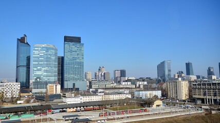  Aerial view of downtown skyscrapers in city center.  