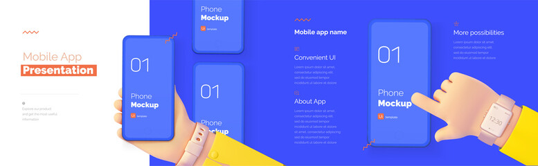 Modern presentation of a mobile application. Mobile phone mockup on a blue background with a description of the mobile application. Modern illustration 3D style.