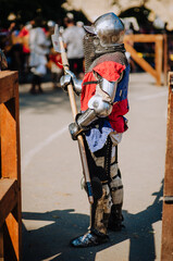 A strong knight, a warrior stands guard, guarding the state in armor with an ax in his hand in the...