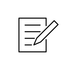 Notes black line icon. Checklist with pen. Medical report, list. Sheet with text. Contract. Editing. Flat isolated symbol for illustration, logo, app, banner, web design, dev, ui, gui. Vector EPS 10