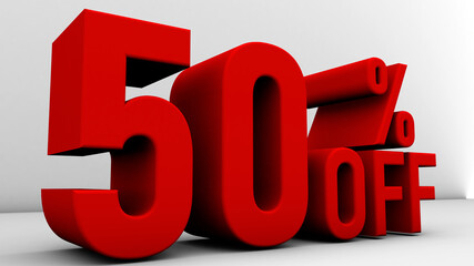 3d Illustration with text: 50% off Special Offer. Discount for big sales. Red text color on a white background.