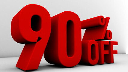 3d Illustration with text: 90% off Special Offer. Discount for big sales. Red text color on a white background.
