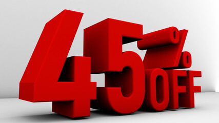3d Illustration with text: 45% off Special Offer. Discount for big sales. Red text color on a white...