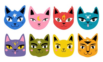 Vector collection with trendy colored cats heads. Fashion print designs, domestic animal set with abstract elements
