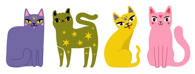 Vector illustration collection with trendy colored cats. Cute print designs, domestic animal set with abstract elements