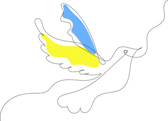 Dove of peace in the colors of the Ukrainian flag. Military conflict between Ukraine and Russia. Stop World War. Symbol of peace and freedom. One line drawing.