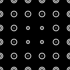 Vector illustration. Geometric seamless pattern. Solid dots and rhombus-shaped linear circles. Spotted black and white background. Simple black and white abstract pattern.