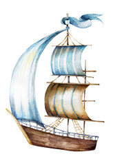 Ship watercolor.ship.children's dreams.dream.clouds, underwater world.Adventure.watercolor set of postcards