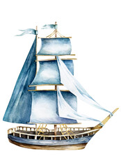 Ship watercolor.ship.children's dreams.dream.clouds, underwater world.Adventure.watercolor set of postcards