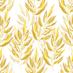 Yellow and white seamless pattern with sprigs. Vector stock illustration for fabric, textile, wallpaper, posters, paper. Fashion print. Branch with monstera leaves. Doodle style