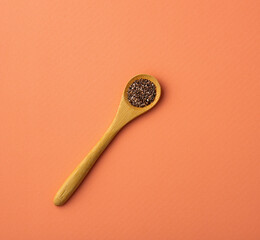 Salvia hispánica - Organic chia seeds in the wooden spoon