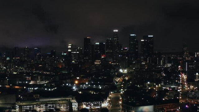 Cinematic Los Angeles Downtown Aerial at Night. Aerial of Downtown Los Angeles California at Night. Aerial panoramic view of Los Angeles downtown. Financial District View of DTLA. 