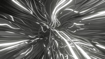 Black and white threads randomly interlaced, Illustration Abstract 3d Render
