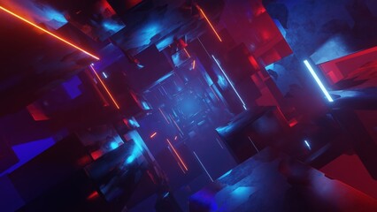 Inside the space tunnel, neon lights, futurism, Illustration Abstract 3d Render