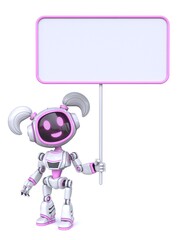Cute pink girl robot with blank banner sign 3D