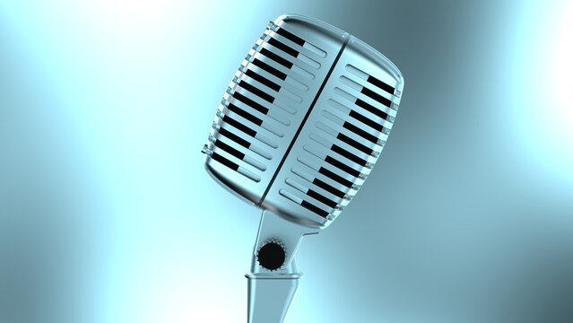 Metallic silver retro microphone under sky-blue flash lighting background. Concept image of justice declaration, first stage, telecommute and remote-work. 3D CG. 3D illustration.
