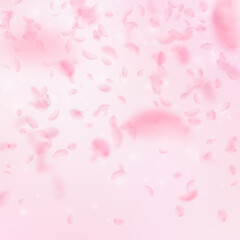 Sakura petals falling down. Romantic pink flowers gradient. Flying petals on pink square background. Love, romance concept. Beauteous wedding invitation.