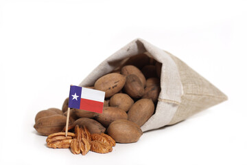 Burlap Bag of Pecans With Texas Flag on White Background
