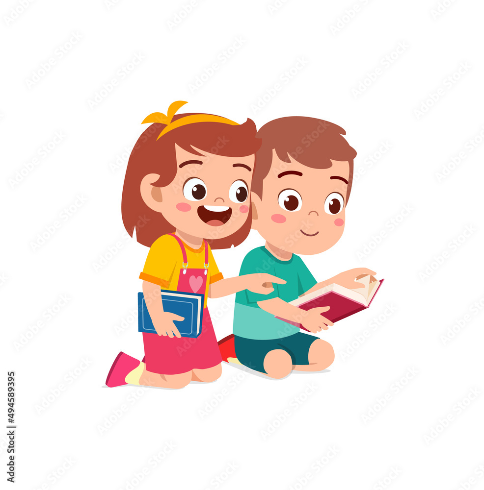 Wall mural little boy and girl read book together