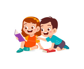 little boy and girl read book together