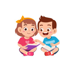 little boy and girl read book together