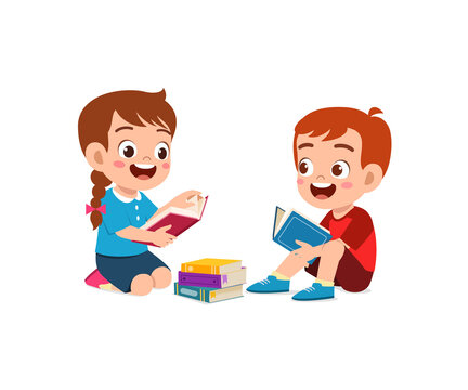 Little Boy And Girl Read Book Together