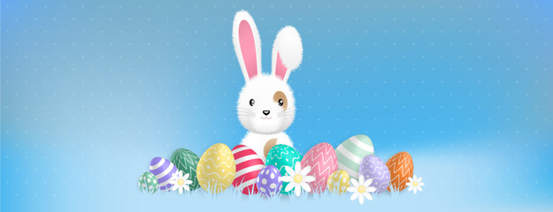 a cute white bunny behind colored eggs and flowers on a blue background