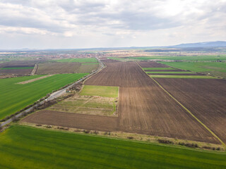 Aerial view of Upper Thracian Plain near town of Parvomay, Plovdiv Region,  Bulgaria