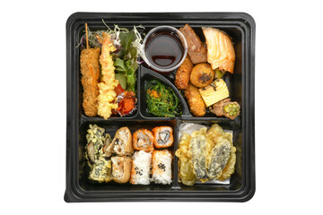 Bento box set with sushi isolated on white background, top view
