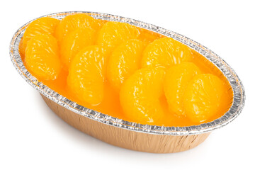 Orange Sponge Cake topping with Sliced Orange in tinfoil, made from organic fresh orange juice, isolated on white background. Clipping path