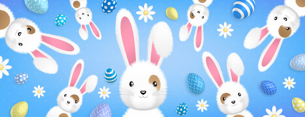 many cute white rabbits and many colored eggs and flowers all around on a blue background