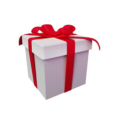 White gift box with red bow on white background 3D Rendering