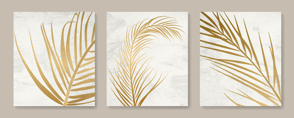 Minimalistic art background with golden palm leaves. Botanical poster set for decoration design, wallpaper, packaging, banner, invitation